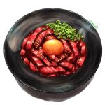  artist_name bowl egg_(food) egg_yolk food highres meat no_humans original sesame_seeds shadow simple_background spring_onion uroyama_(macrophage) white_background 