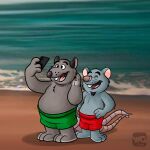  2023 3_toes 4_fingers anthro beach belly big_belly blue_body bottomwear brok_the_investigator cellphone clothing duo eyes_closed feet fingers grey_body guard_(brok_the_investigator) hacker_(brok_the_investigator) hi_res hubie360 humanoid_hands male male/male mammal mouse murid murine overweight overweight_male phone rat rodent seaside shorts slightly_chubby smartphone smile swimwear toes 