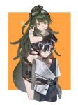  1boy 1girl absurdres anger_vein arknights black_hair crocodilian_tail gavial_(arknights) gavial_the_invincible_(arknights) goggles goggles_on_head green_hair height_difference highres mask mask_around_neck minimalist_(arknights) orange_background pointy_ears snake_tail tail yellow_eyes 