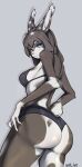  anthro blue_eyes bottomwear butt clothing female fingers hi_res lagomorph leporid looking_at_viewer mammal pinup pose rabbit simple_background solo topwear welive 