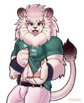  abs anthro biceps blue_eyes bottomwear clothed clothing clothing_lift fangs felid fur hair hi_res leo_(saitama_seibu_lions) lion male mammal mane mascot muscular muscular_anthro muscular_male navel nippon_professional_baseball open_mouth pantherine pants pecs saitama_seibu_lions shirt shirt_lift simple_background solo standing tail teeth topwear white_background white_body white_fur whiteleo 