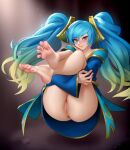  1girl absurdres anus aqua_hair ass barefoot blue_eyes blue_hair bottomless commentary english_commentary feet foot_focus full_body gradient_hair green_hair highres hugging_own_legs kairunoburogu league_of_legends legs long_hair long_sleeves looking_at_viewer multicolored_hair pussy simple_background smile soles solo sona_(league_of_legends) toes uncensored very_long_hair 