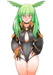  1girl adjusting_clothes adjusting_swimsuit ass ass_visible_through_thighs black_one-piece_swimsuit blush breasts cleavage cleavage_cutout clothing_cutout commentary_request embarrassed fate/grand_order fate_(series) gloves green_hair head_wings highleg highleg_swimsuit highres jacket long_sleeves looking_at_viewer olrun_(fate) one-piece_swimsuit open_mouth red_eyes short_hair simple_background swimsuit thigh_gap thighs valkyrie_(fate) white_background wings yoosai 