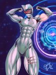  1girl abs animal_ears arms_up ass_visible_through_thighs biceps bodysuit capcom cat_ears damaged exoprimal faceless flexing helmet highres mostlybluewyatt muscular muscular_female pectorals solo thick_thighs thighs vigilant_(exoprimal) 