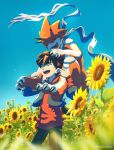  anthro bandai_namco betelgammamon brown_hair carrying digimon digimon_ghost_game duo flower flower_field green_eyes hair hi_res hiro_amanokawa horn human kubota_keita male mammal piggyback plant red_body scalie smile sunflower 