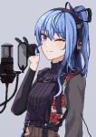  1girl absurdres blue_eyes blue_hair closed_mouth floral_print grey_background hair_ribbon hand_up headphones highres hololive hoshimachi_suisei hoshimachi_suisei_(7th_costume) long_hair long_sleeves looking_at_viewer microphone mqpixels one_eye_closed pixel_art ponytail pop_filter ribbed_sweater ribbon rose_print simple_background smile solo star_(symbol) star_in_eye sweater symbol_in_eye turtleneck upper_body v virtual_youtuber 