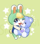  1boy ;d animal_crossing blonde_hair blue_eyes blue_jacket blush buttons commentary_request furry furry_male green_background heart highres holding holding_stuffed_toy hugging_object jacket letterman_jacket long_sleeves looking_at_viewer male_focus notice_lines one_eye_closed open_mouth otoko_no_ko rabbit_boy sasha_(animal_crossing) sharkbooi simple_background smile solo star_(symbol) stuffed_animal stuffed_toy teddy_bear 
