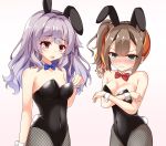  2girls alternate_costume animal_ears bare_shoulders black_leotard blue_bow blue_bowtie blunt_bangs blush bow bowtie breast_conscious breasts brown_hair clenched_teeth collar commentary_request covered_navel covering covering_breasts cowboy_shot crossed_arms curvy detached_collar ear_piercing embarrassed eyelashes fake_animal_ears fake_tail fishnet_pantyhose fishnets furrowed_brow green_eyes grey_hair hair_between_eyes hair_ornament hairclip highres kinoshita_kaede large_breasts leotard long_hair looking_at_breasts looking_at_viewer multicolored_hair multiple_girls nail_polish nose_blush open_mouth orange_hair pantyhose piercing playboy_bunny purple_nails rabbit_ears rabbit_tail red_bow red_bowtie red_eyes sesen2000 shiraishi_chika side_ponytail simple_background small_breasts standing straight-on streaked_hair tail teeth tenshi_souzou v-shaped_eyebrows wavy_hair white_background white_collar white_wrist_cuffs 
