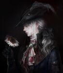  1girl ascot blood blood_on_clothes blood_stain bloodborne coat collar flower gem gloves green_gemstone hat hat_feather holding holding_flower kem2064 lady_maria_of_the_astral_clocktower long_hair looking_to_the_side ponytail solo tricorne white_ascot 