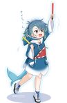  1girl animal_costume animal_hood blue_dress blue_hair blue_hoodie brown_eyes cosplay cube_hair_ornament dated dress fangs fins fish_tail fukae_(kancolle) full_body gawr_gura gawr_gura_(cosplay) glowstick gradient_hair hair_ornament holding_glowstick hololive hololive_english hood hooded_dress hoodie kantai_collection long_sleeves masara_(chuujou) multicolored_hair one-hour_drawing_challenge shark_costume shark_hood shark_tail shoes short_hair side_ponytail sidelocks smile sneakers solo standing tail twitter_username virtual_youtuber white_background white_footwear wide_sleeves 