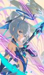  1girl armored_leotard bare_shoulders breasts bronya_zaychik bronya_zaychik_(herrscher_of_truth) closed_mouth gauntlets grey_eyes grey_hair halo highres holding holding_polearm holding_weapon honkai_(series) honkai_impact_3rd johnny-chan long_hair looking_at_viewer polearm small_breasts solo spear upper_body very_long_hair weapon 