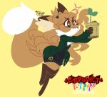  anthro averi_(fiddleafox) brown_body brown_eyes brown_fur canid canine clothing dipstick_tail english_text female female_anthro fox fur gloves_(marking) green_clothing hair illegible_signature leg_markings mammal markings plant plant_pot potted_plant simple_background socks_(marking) solo tail tail_markings text unknown_artist white_body white_fur 