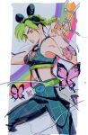  1girl black_hair braid breasts bug butterfly butterfly_tattoo double_bun english_commentary green_eyes green_hair green_lips green_nails hair_bun highres jojo_no_kimyou_na_bouken kujo_jolyne long_hair multicolored_hair navel_piercing oratoza parted_lips piercing rainbow solo spider_web_print stone_free stone_ocean tattoo two-tone_hair 