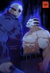  2boys abs bare_pectorals biceps black_hair crossover friday_the_13th highres hockey_mask holding jacket jason_voorhees large_pectorals machete male_focus mask mask_on_head multiple_boys muscular muscular_male pectorals rick_(splatterhouse) splatterhouse topless_male tovio_rogers video_game weapon 