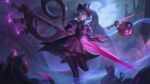  1girl animal black_dress black_headwear black_thighhighs building candle candy cat dress food foot_up frilled_dress frilled_sleeves frills gem green_hair gwen_(league_of_legends) hair_ornament highres holding holding_scissors ladyofmorh league_of_legends long_hair long_sleeves moon night outdoors pink_dress pink_eyes puffy_short_sleeves puffy_sleeves scissors short_sleeves smile solo swept_bangs sword teeth thighhighs twintails weapon 