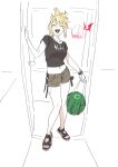  1girl black_shirt blonde_hair closed_eyes door food fruit henken highres open_mouth original sandals shirt shorts sidelocks sienna_(henken) signature solo string sweat sweatdrop t-shirt watermelon 