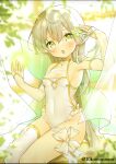  1girl :o arm_up bare_shoulders blurry blurry_foreground blush bow breasts cleavage covered_navel detached_sleeves fairy fairy_wings feet_out_of_frame flower frilled_leotard frills glowing gold_trim green_eyes hair_between_eyes hair_flower hair_lift hair_ornament hand_in_own_hair hand_up head_tilt highres juugou_taki leaf legs_together leotard long_hair long_sleeves looking_at_viewer open_mouth original pointy_ears see-through single_thighhigh sitting small_breasts solo straight_hair thigh_strap thighhighs tight twitter_username very_long_hair white_bow white_hair white_leotard white_sleeves white_thighhighs wings 
