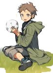  1boy :o ahoge ball brown_pants danganronpa_(series) danganronpa_2:_goodbye_despair fug_uai grass green_jacket grey_eyes hands_up hinata_hajime holding holding_ball hood hood_down hooded_jacket jacket long_sleeves open_clothes open_jacket outdoors pants short_hair soccer_ball solo white_background 