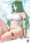  1girl armlet bare_shoulders breasts commentary crop_top feet_out_of_frame forehead_jewel green_eyes green_hair jewelry kaos_art kid_icarus kid_icarus_uprising knee_up large_breasts laurel_crown legs long_hair neck_ring paid_reward_available palutena solo strapless super_smash_bros. tiara tube_top very_long_hair 