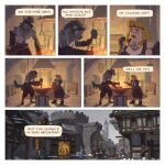  1:1 anthro blacksmith_dwarf_(saintmonstre) blacksmith_gnoll_(saintmonstre) clothing comic dwarf english_text eyewear female fire gnoll goggles hammer hi_res humanoid hyena male mammal outside saintmonstre text tools 