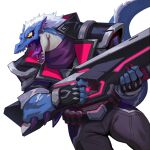  1boy absurdres artist_request blue_skin colored_skin drek&#039;kar_(omega_strikers) gun highres holding holding_gun holding_weapon jacket lizardman no_humans non-web_source official_art omega_strikers open_mouth pants scarf solo spiked_arm weapon white_hair yellow_eyes 