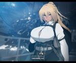  1girl absurdres armored_core armored_core_6 belt blonde_hair breasts closed_mouth collared_shirt commentary_request genderswap genderswap_(mtf) handler_walter highres large_breasts long_hair long_sleeves looking_at_viewer mecha nuuuuuusi06 robot shirt solo tan translation_request white_shirt yellow_eyes 