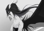  1boy black_hair bleach colored_sclera commentary_request demon_boy demon_horns green_sclera grey_background hishui_prpr horns long_hair looking_at_viewer male_focus pale_skin simple_background solo topless_male ulquiorra_cifer upper_body wings yellow_eyes 