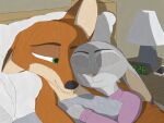  anothercolouranon anthro bed bedding blanket canid canine cellphone cuddling disney duo embrace female fox furniture hi_res hug judy_hopps lagomorph leporid male mammal nick_wilde phone pillow rabbit sleeping zootopia 