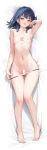  1girl arm_up armpits arms_up bare_legs bare_shoulders barefoot bed bed_sheet bikini bikini_bottom_pull blue_hair blunt_bangs blush breasts censored clothes_pull collarbone covered_nipples cuffs dakimakura_(medium) feet food-themed_hair_ornament hair_ornament highres hip_bones ichigo-chan_(mignon) legs looking_at_viewer lying medium_hair mignon navel navel_focus o-ring o-ring_top on_back open_mouth original pussy red_eyes see-through shackles small_breasts smile solo stomach strapless strawberry_hair_ornament sweat swimsuit thighs toenails toes tongue tongue_out tube_top white_bikini white_tube_top 