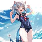  1girl animal_ear_fluff animal_ears armpits bare_shoulders bloop_(gawr_gura) blue_eyes blue_hair blue_nails blush cat_ears covered_navel covered_nipples cube_hair_ornament dongchuan fins fish_tail gawr_gura grey_hair hair_ornament hat highres hololive looking_at_viewer multicolored_hair nail_polish one-piece_swimsuit shark_girl shark_tail sharp_teeth shoes side_ponytail sneakers streaked_hair swimsuit tail teeth virtual_youtuber white_hair 
