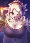  accessory anthro big_breasts breasts candle cleavage clothed clothing dress female fingernails fire fur hair hair_accessory hair_ribbon hi_res holding_candle holding_object horizontal_pupils huge_breasts looking_at_viewer nails ni_jikan night one_eye_closed open_mouth pupils red_eyes ribbons smile solo white_body white_fur white_hair wink 