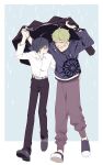  2boys absurdres ahoge amami_rantaro arms_up black_hair black_jacket black_pants blush closed_eyes danganronpa_(series) danganronpa_v3:_killing_harmony full_body green_hair grey_pants grin hand_around_waist hand_on_another&#039;s_waist highres holding holding_clothes holding_jacket jacket jacket_removed jewelry jugnang_(juk_nang) long_sleeves male_focus multiple_boys necklace pants saihara_shuichi shirt shirt_tucked_in shoes short_hair simple_background smile striped striped_shirt teeth white_background white_shirt 