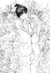  1boy absurdres black_jacket chainsaw_man collared_shirt earrings flower formal greyscale hayakawa_aki highres jacket jewelry lily_(flower) lineart looking_to_the_side male_focus monochrome necktie nenashibito shirt shirt_tucked_in short_hair solo stud_earrings suit suit_jacket topknot 