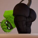  3d_(artwork) ass_up balls_outline big_butt blush bulge butt clothed clothing detailed_bulge digital_media_(artwork) dragon fur furred_dragon genital_outline girly green_hair hair hi_res male roblox solo sweater thick_thighs topwear 