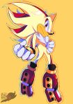  animal_ears back black_footwear gloves hedgehog hedgehog_ears hedgehog_tail highres looking_at_viewer looking_back multicolored_footwear pale_rider_(paleriderz) red_eyes red_footwear shadow_the_hedgehog simple_background sonic_(series) super_shadow tail twitter_username white_gloves yellow_fur 