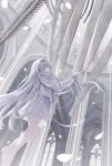  1girl animal_skeleton blue_eyes church closed_mouth falling_petals giant_skeleton hair_spread_out highres long_hair looking_at_viewer natsume_eri original pantyhose petals pleated_skirt shirt sidelocks skirt solo white_hair white_pantyhose white_shirt white_skirt white_theme 