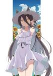  1girl animal_ears bare_shoulders black_hair blue_sky brown_eyes cloud collarbone commentary_request day dress ears_through_headwear flower hair_between_eyes hand_up hat highres horse_ears horse_girl horse_tail long_hair manhattan_cafe_(umamusume) mochiki off-shoulder_dress off_shoulder parted_lips pleated_dress sky solo standing straw_hat sunflower tail umamusume very_long_hair white_dress white_headwear yellow_flower 