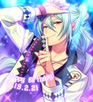  1boy arm_up belt_buckle blue_hair buckle buttons chi_yu closed_mouth commentary_request dated ensemble_stars! fingernails hair_between_eyes hand_up happy_birthday hibiki_wataru jewelry lapels light_blue_hair long_hair long_sleeves looking_at_viewer male_focus necklace notched_lapels purple_eyes solo upper_body 