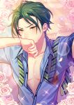  1boy blush buttons chi_yu collared_shirt comic_world_(ensemble_stars!) commentary_request covered_mouth covering_mouth dated diagonal-striped_necktie ensemble_stars! fingernails flower green_eyes green_hair hand_up happy_birthday hasumi_keito male_focus official_alternate_costume open_collar partially_unbuttoned petals pink_flower pink_rose rose shirt short_hair solo two-tone_necktie upper_body 