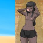  2019 androidz anthro beach bovid bulge clothed clothing goth hair hi_res male mammal mordecai(androidz) nipples seaside shower simple_background solo thick_thighs wide_hips 