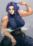  1girl belt biceps boku_no_hero_academia breasts collarbone highres lady_nagant large_breasts looking_at_viewer mikel_(4hands) multicolored_hair muscular muscular_female purple_eyes purple_hair short_hair sitting skin_tight sleeveless solo steam two-tone_hair 