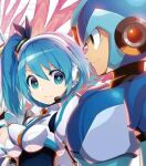  1boy 1girl android blue_eyes blue_hair breasts commentary cropped expressionless girl_staring_at_guys_chest_(meme) green_eyes helmet iikoao large_pectorals light_frown mega_man_(series) mega_man_x_(series) mega_man_x_dive meme pectorals rico_(mega_man) side_ponytail small_breasts smile symbol-only_commentary third-party_edit x_(mega_man) 