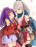  2girls black_gloves black_thighhighs fingerless_gloves fire_emblem fire_emblem:_radiant_dawn fire_emblem_heroes gloves hair_ribbon haru_(nakajou-28) headband highres japanese_clothes long_hair micaiah_(ninja)_(fire_emblem) multiple_girls ninja official_alternate_costume official_alternate_hairstyle open_mouth ponytail purple_hair ribbon sanaki_kirsch_altina_(ninja) scarf thighhighs white_hair yellow_eyes 