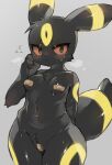  anthro black_body black_fur eeveelution female fur generation_2_pokemon mammal mofuaki nintendo nipple_tape pasties pokemon pokemon_(species) pussy_tape red_sclera simple_background solo tape umbreon 