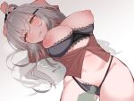  1girl arm_up black_bra black_panties blush bound bra breasts brown_shirt gangut_(kancolle) grey_hair hair_between_eyes hair_ornament hairclip kantai_collection large_breasts long_hair lying nipples on_back open_clothes open_mouth open_shirt orange_eyes panties scar scar_on_cheek scar_on_face shiawase_hougan shirt skirt sweat underwear very_long_hair 