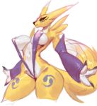  anthro armwear bandai_namco blue_eyes breasts claws clothing digimon digimon_(species) female finger_claws fur kochinsfw one-piece_swimsuit renamon simple_background solo swimwear tail yellow_body yellow_fur 