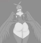  4_wings absurd_res ahoge big_butt butt feathered_wings feathers female hair hi_res hololive hololive_en humanoid kawaiiredpandas looking_at_viewer looking_back monochrome monster_girl_(genre) multi_wing nanashi_mumei pear-shaped_figure solo thick_thighs virtual_youtuber wide_hips winged_humanoid wings 