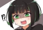 !? 1girl allmind_(armored_core_6) armored_core armored_core_6 black_hair black_jacket chibi collared_shirt green_eyes green_hair grey_background grey_shirt highres i.u.y jacket looking_at_viewer multicolored_hair open_mouth personification portrait shirt short_hair solo sweat trembling turn_pale two-tone_background two-tone_hair white_background 