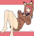  1girl bangs bare_legs black_gloves bob_cut closed_mouth dangle_earrings disguised_pyra_(xenoblade) earrings fingerless_gloves full_body gloves hands_up highres hood hoodie jewelry knees_up long_sleeves mochimochi_(xseynao) pyra_(xenoblade) red_eyes red_hair short_hair smile swept_bangs twitter_username xenoblade_chronicles_(series) xenoblade_chronicles_2 