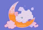  1girl absurdres closed_eyes cloud constellation covered_mouth crescent crescent_moon from_side highres liquid long_sleeves lying medium_hair meyoco moon on_back on_crescent original pink_hair purple_background simple_background sleeping socks solo sparkle star_(symbol) transparent 